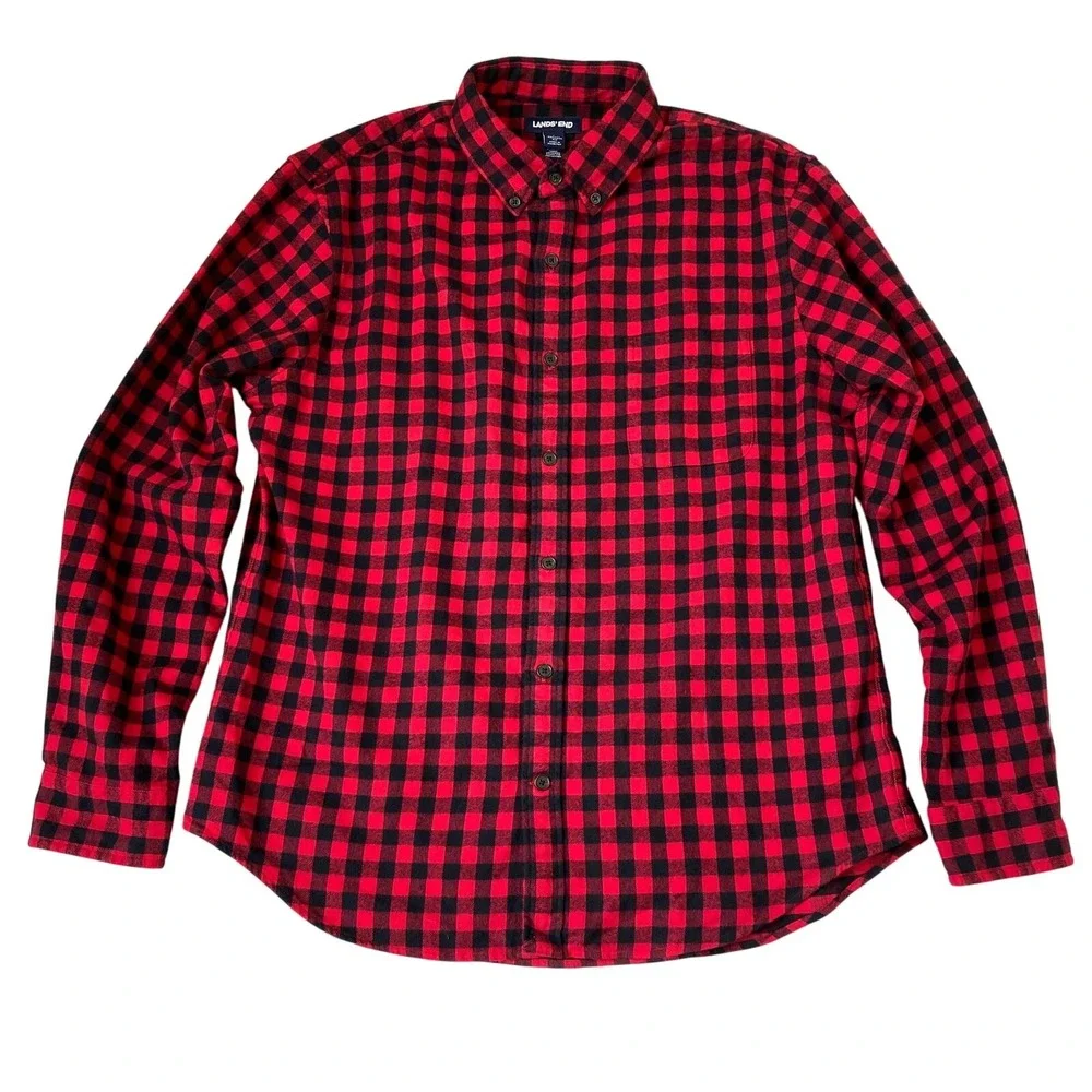 Lands End Flannel Shirt Mens L Red Black Buffalo Plaid 100% Cotton Tailored Fit